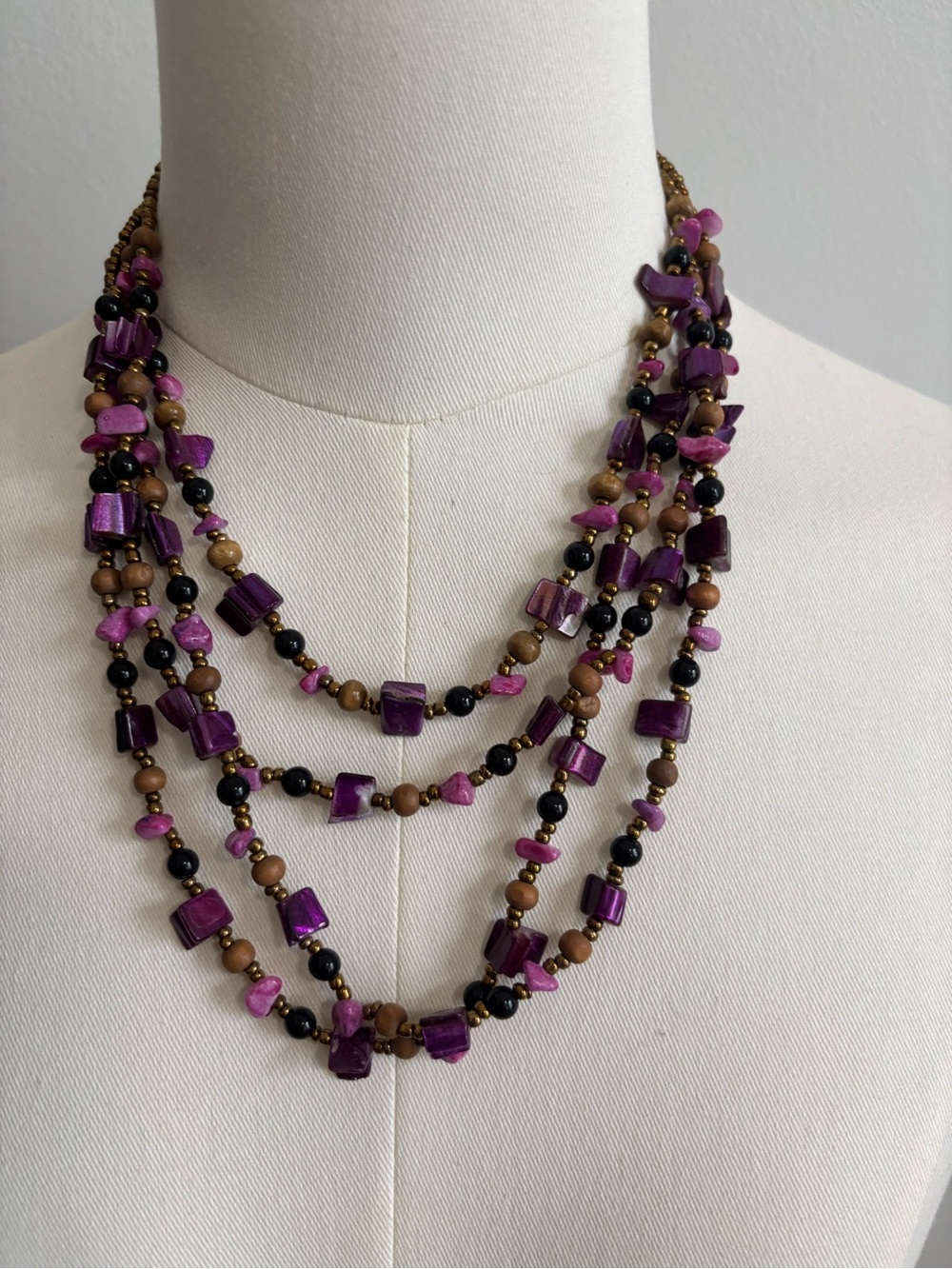 Multi-Strand Purple and Brown Beaded Necklace - 24in drop